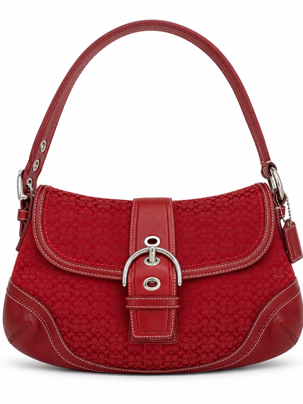 Coach Rare Soho Signature Buckle Flap Shoulder Bag Red Jacquard Leather Trim Y2K